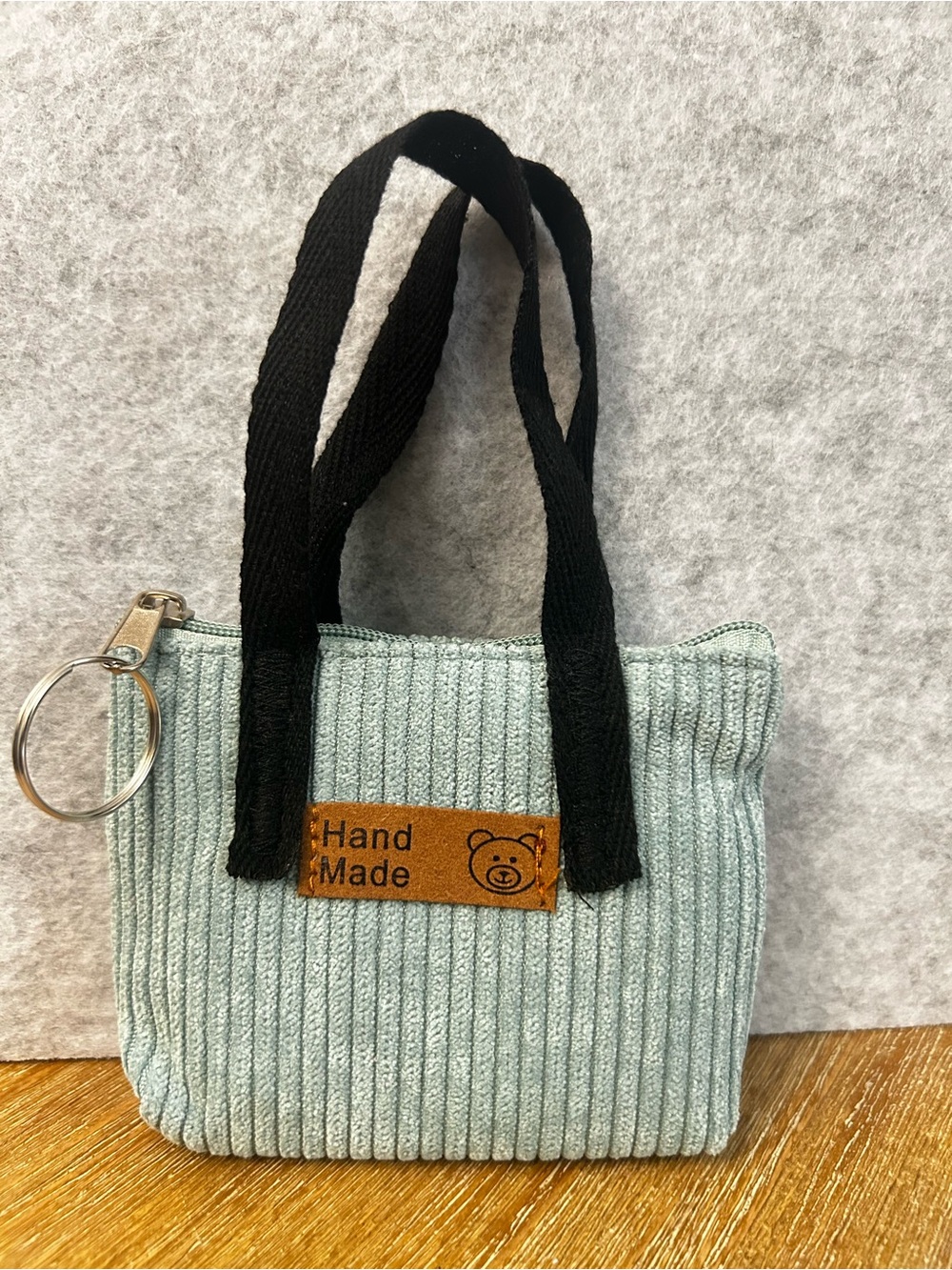 Mint Corduroy Micro Tote with Black Handles, handmade
